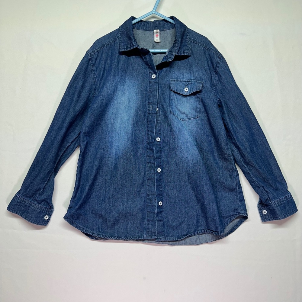 FabKids Kids Denim Jean Button Down Shirt Size 8 10 Blue Long Sleeve‎ Cotton